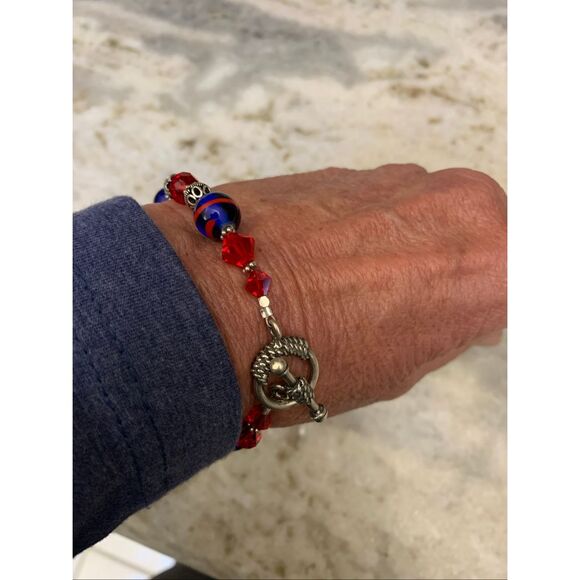 Red Blue Lampwork Beads Handmade Bracelet #Italy #USA #handmade - Picture 5 of 7